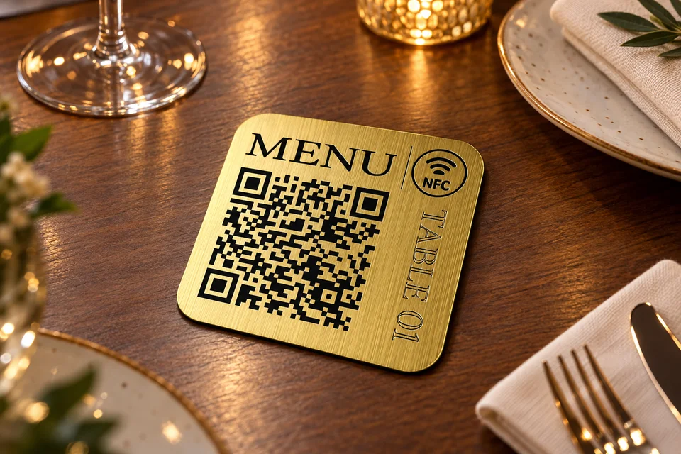 Illustration de plaque dorée menu QR et NFC sur une table de restaurant
