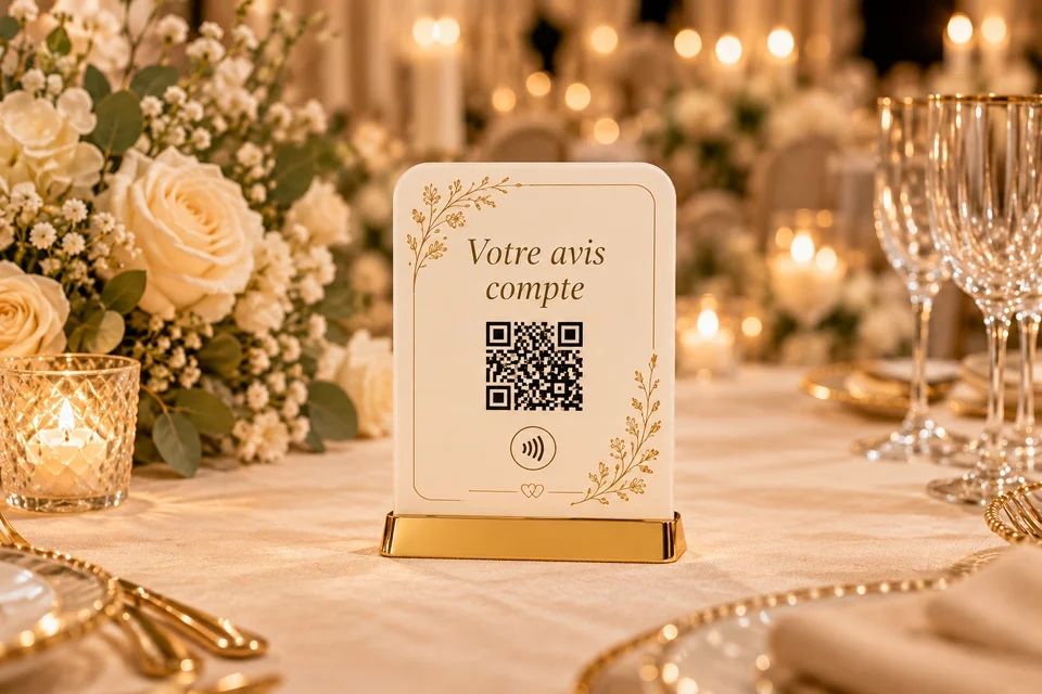 Illustration de plaque en acrylique blanc avec QR et NFC pour mariage